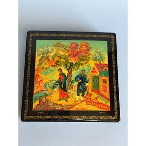Russian Black Lacquer Trinket Box With Hand-Painted Folk Scene & Red Interior 6.